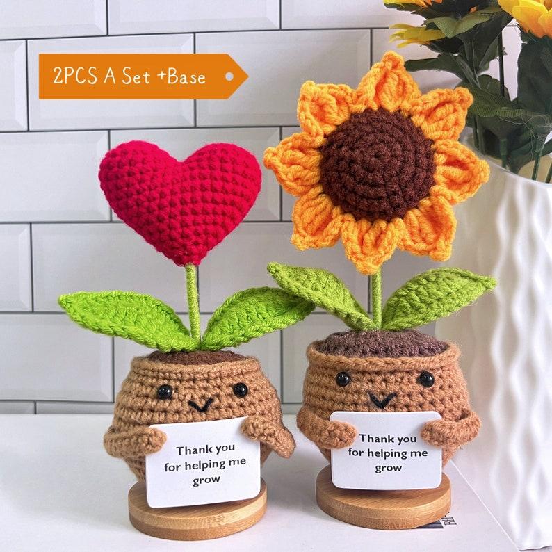 Cute 3PCS Plants,Thank You For Helping Me Grow,Crochet Sunflowers Hearts Rose Plants,Emotional Support Crochet,Thank You Gift,Teacher Gift