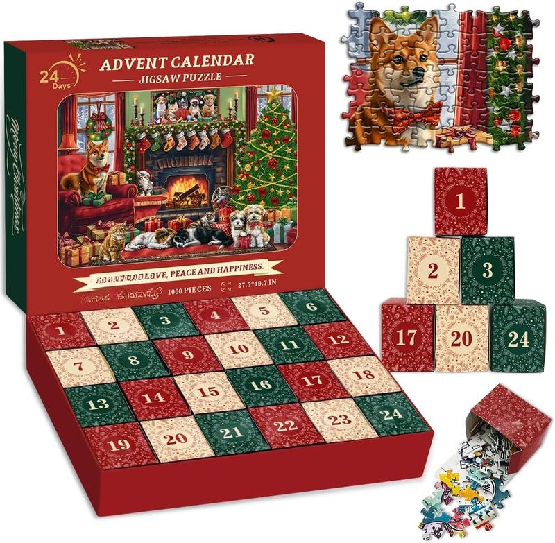 Christmas Puzzle Advent Calendar 2024 Puzzles for Adults,  Advent Calendar Puzzle Christmas Countdown Calendar 24 Days, Winter Holiday Jigsaw Puzzles 1000 count, Christmas Dog Cat Puzzle