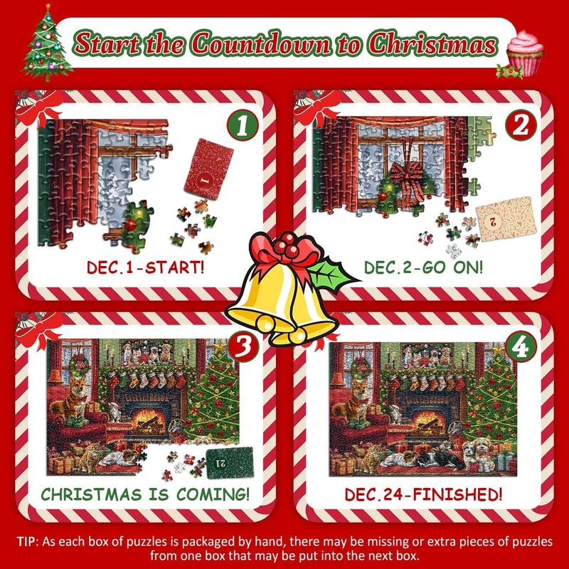 Christmas Puzzle Advent Calendar 2024 Puzzles for Adults,  Advent Calendar Puzzle Christmas Countdown Calendar 24 Days, Winter Holiday Jigsaw Puzzles 1000 count, Christmas Dog Cat Puzzle