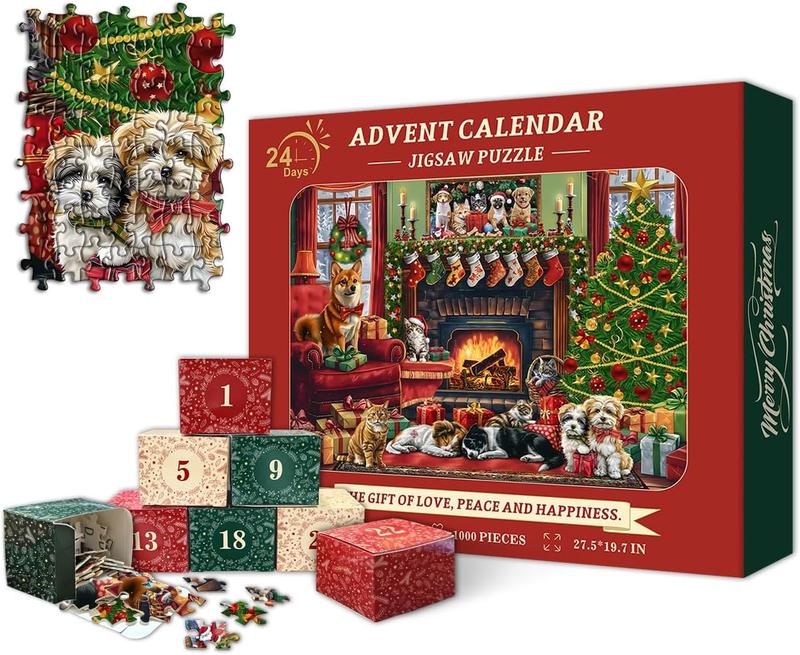 Christmas Puzzle Advent Calendar 2024 Puzzles for Adults,  Advent Calendar Puzzle Christmas Countdown Calendar 24 Days, Winter Holiday Jigsaw Puzzles 1000 count, Christmas Dog Cat Puzzle