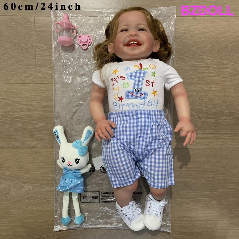 24inch Realistic Reborn Baby Doll - Handmade Smiling Toddler Princess with Lifelike 3D Skin, Visible Veins & Soft Cloth Body - 60cm Cuddly Collectible Toy for Girls