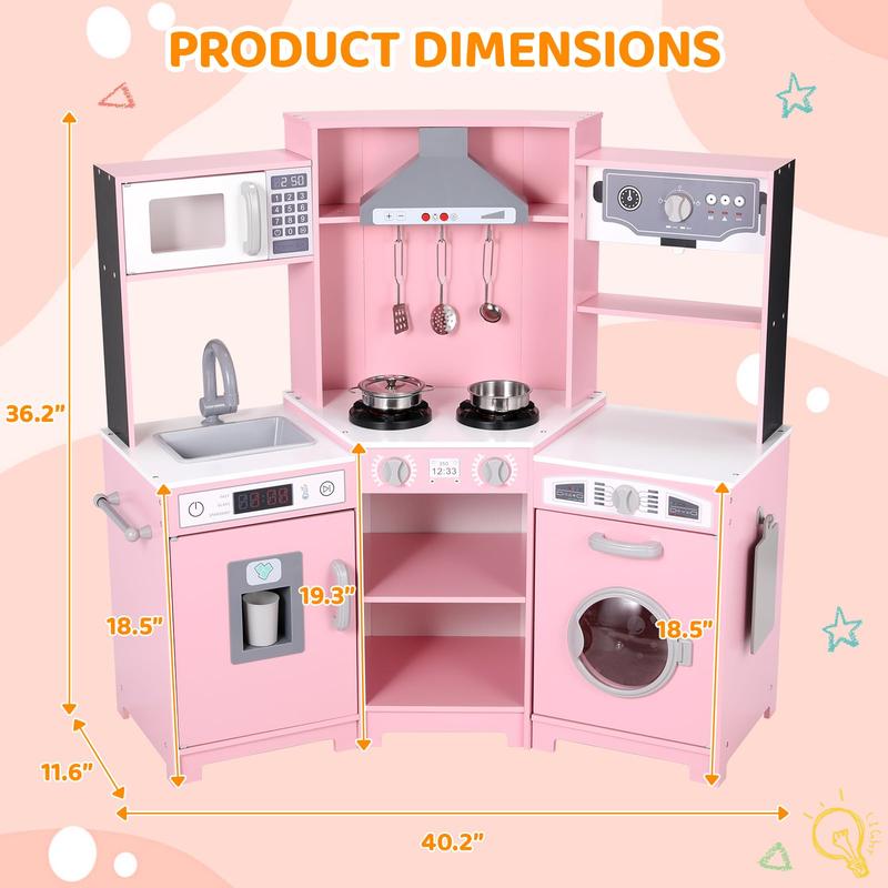 Wooden Pretend Corner Play Kitchen for Kids, Large Toodler Cooking Playset w Washer, Range Hood w Light & Sound, Stove, Ice Maker, Cutting Board, Coffee Maker, Sink