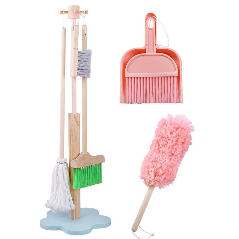 Wooden Cleaning Set, 1 Box Pretend Play Cleaning Tool, Including Broom, Mop, Duster, Brush, Dustpan, Organizing Rack, Household Toy