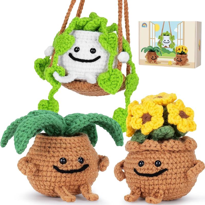 Crochet Kit for Beginners - 3 count Potted Plants Crochet Kit with Step-by-Step Video Tutorials, Beginner Crochet Kit for Adults Kids, Potted Plant with Swing Crocheting Set