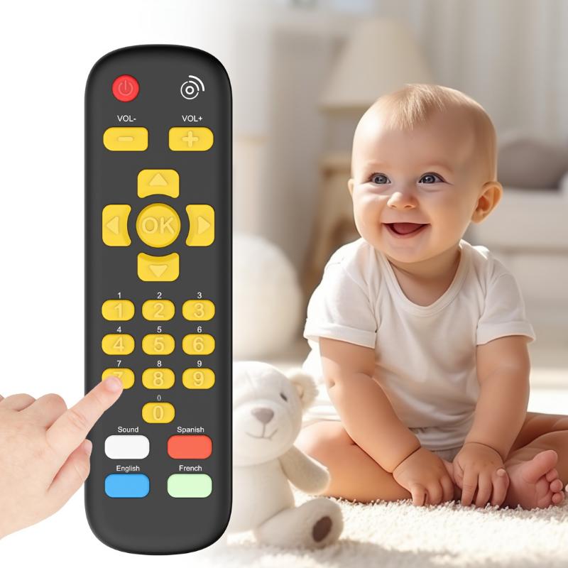 Infant and Toddler Musical TV Remote Control Toy - Educational Play Device for Baby Learning - Bilingual English Spanish French Buttons - Safe ABS and Silicone - Interactive Learning Toy for Ages 0-3 Years