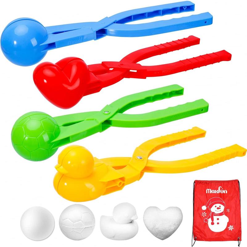 Maun 4 Pack Snowball Maker Snow Ball Toys Games with Handle for Kids Outdoor Indoor Winter Snowball Fight Maker Tool Clip with Drawstring Bag