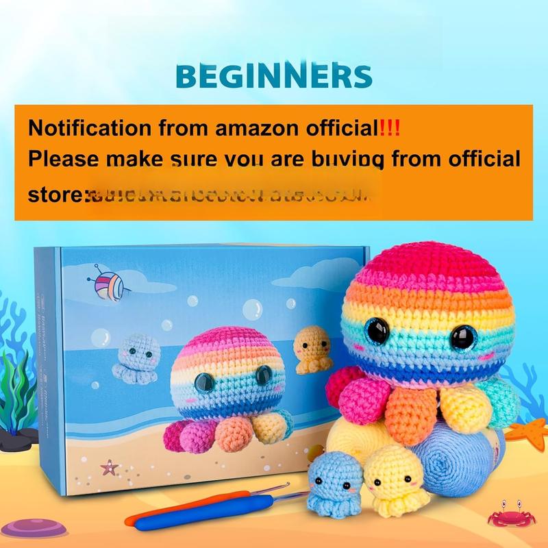 Crochet Kit for Beginners, Crochet Kit Step-by-Step Video Tutorials, Crochet Starter Kit Learn to Crochet Kits for Adults Kids Beginners, Jumbo 3 Colorful Octopus Familly (40%+ Yarn Content)