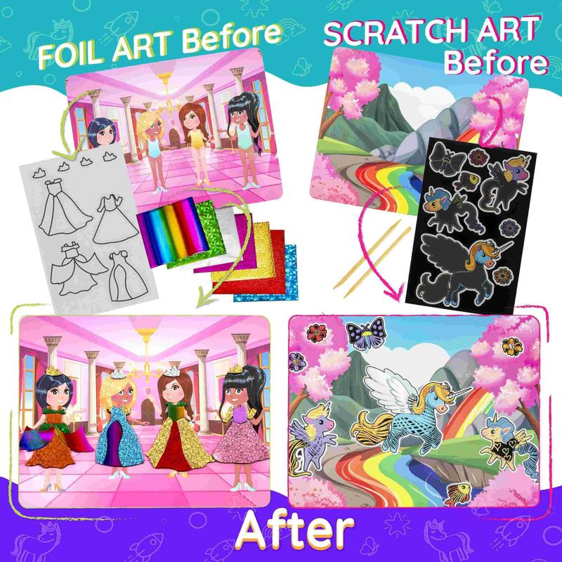 Craftikit Unicorn & Princess Foil Art & Rainbow Scratch Art for Kids - 2-in-1 Arts and Crafts Kit for Kids Ages 4-10