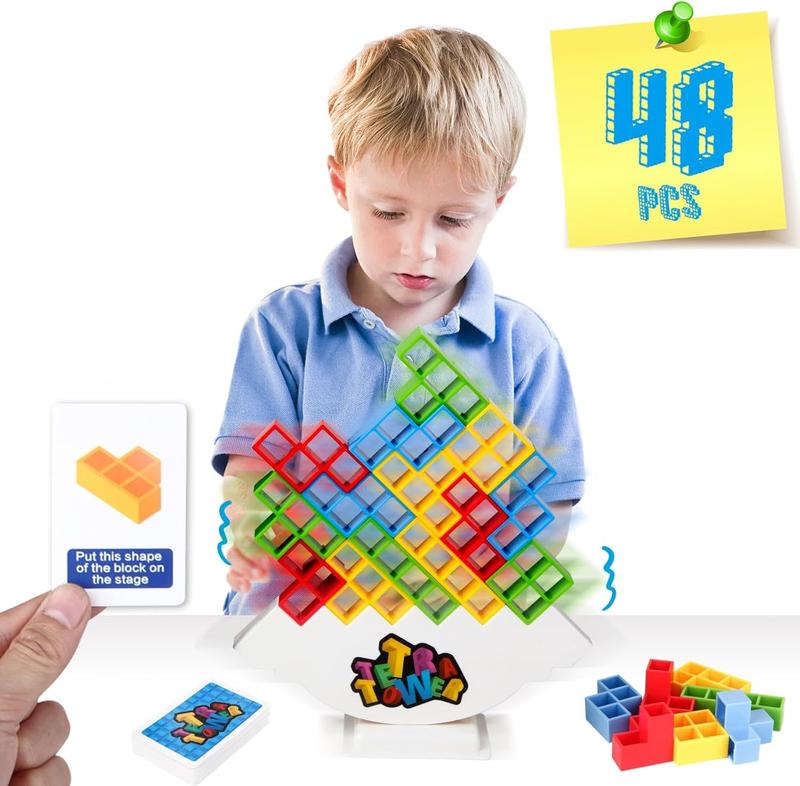 48pcs Tetra Tower Balance Stacking Game for Kids & Adults,Board Games for 2 Players+ Family Games, Building Balance Blocks Board Game,Games for Kids