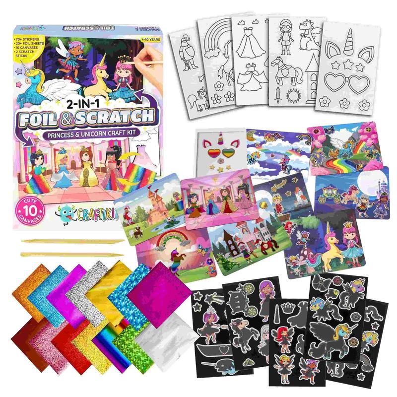 Craftikit Unicorn & Princess Foil Art & Rainbow Scratch Art for Kids - 2-in-1 Arts and Crafts Kit for Kids Ages 4-10