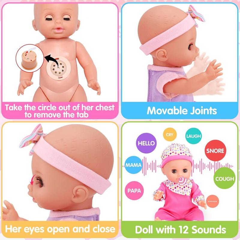 Tsomtto 12” Baby Doll Play Set Carrier Crossbody Baby Doll Diaper Bag Girl Pretend Play Toy Interactive Stuff Baby Doll Accessories for Toddlers 3-5 Realistic Babydoll Toy 2 3 4 5 Year Old Girl Gifts