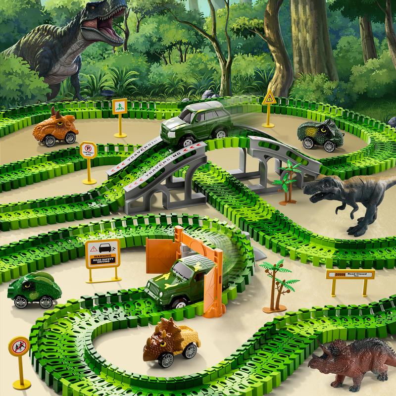 Dinosaur Forest Racing Free Splicing DIY Track 169 PCS Accessories Set, Track Racing Toy Birthday Christmas Halloween Gift,2 Dino Toys with 6 Dino Car