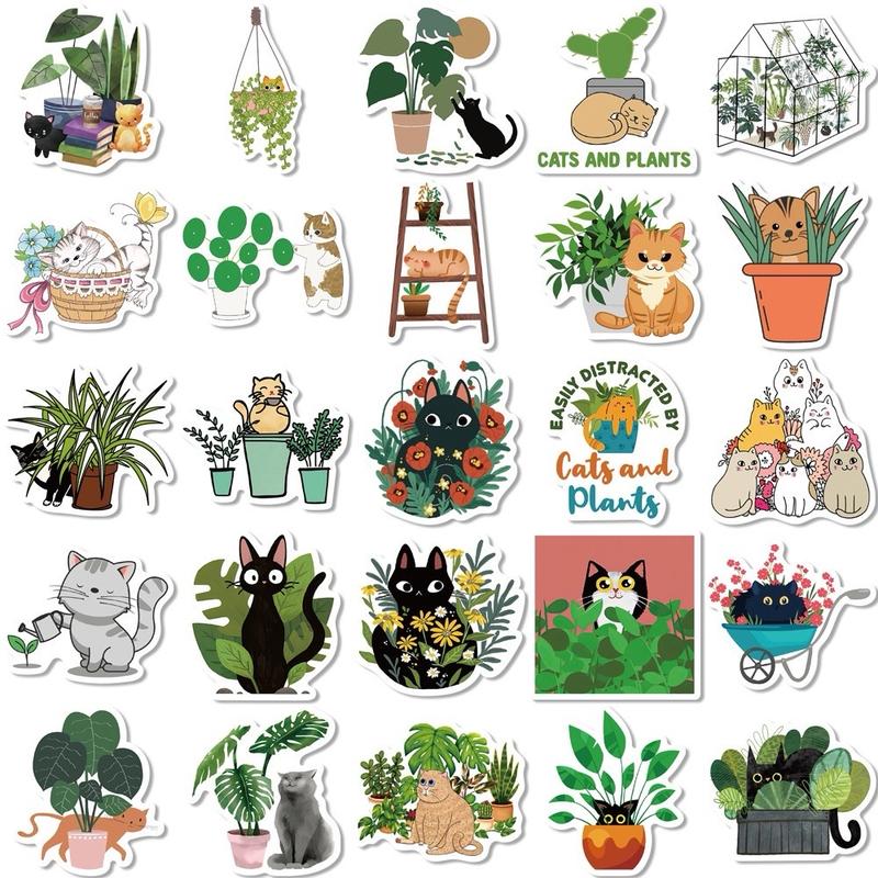 50 Pcs Cute Cartoon Cats & Plants Waterproof Stickers, DIY, for notebooks, bottles, phone, cases, laptops, Cats & Plants, Cats in the Garden