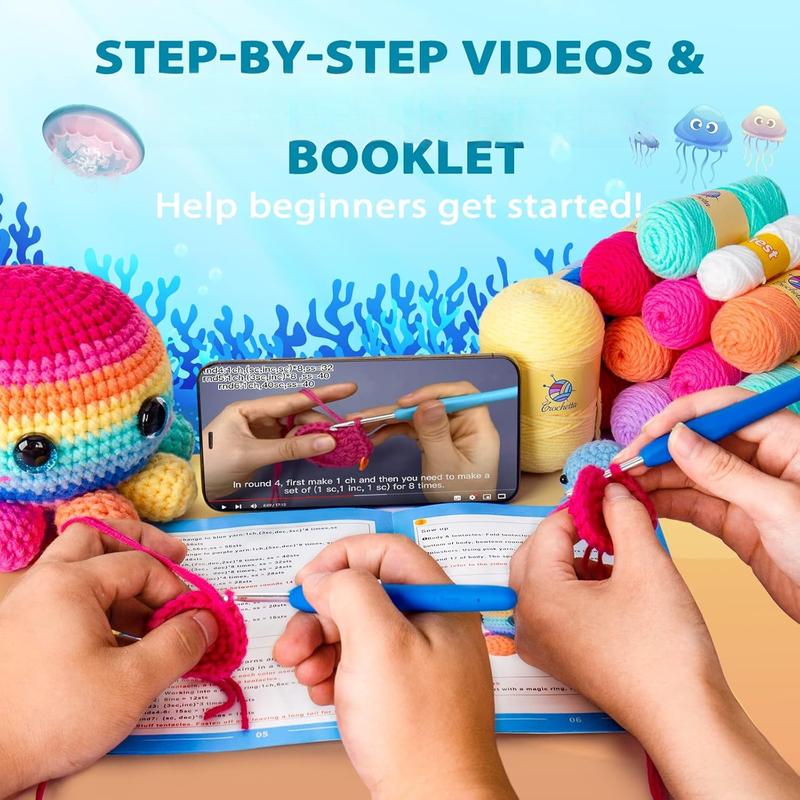 Crochet Kit for Beginners, Crochet Kit Step-by-Step Video Tutorials, Crochet Starter Kit Learn to Crochet Kits for Adults Kids Beginners, Jumbo 3 Colorful Octopus Familly (40%+ Yarn Content)