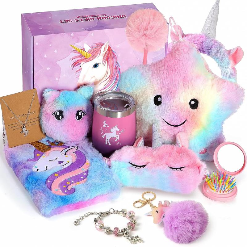 Unicorns Gifts For Girls 5 6 7 8 9 10+ Years Old, Kids Unicorn Toys With Light Up Plush Star Pillow  Diary  Headband  Eye Mask  Water Bottle, Soft Plush Toys Set For Teens Birthday Gifts Christmas