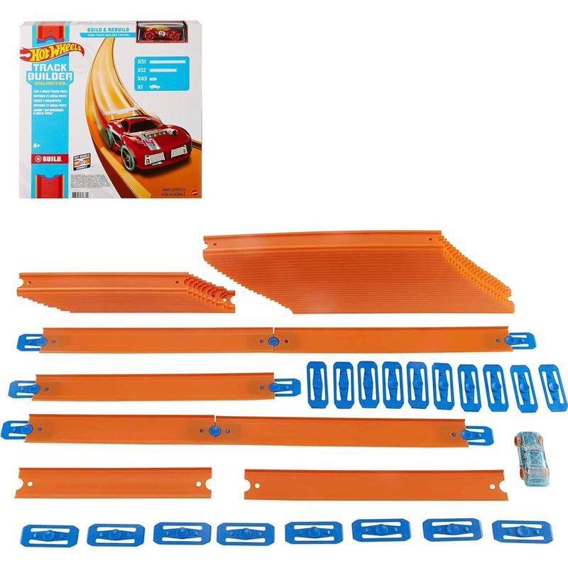 Hot Wheels Toy Car Track Set, Mega Track Pack, 87 Component Building Parts for 40-ft of Track & 1:64 Scale Vehicle ( Exclusive)