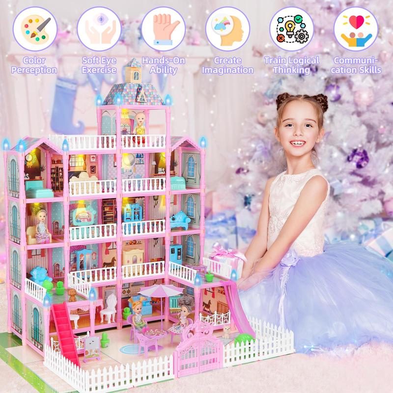 Five Floor Pink Dollhouse, 1 Set Doll House with LED Light String, DIY House Toy for Kids, Doll Accessories