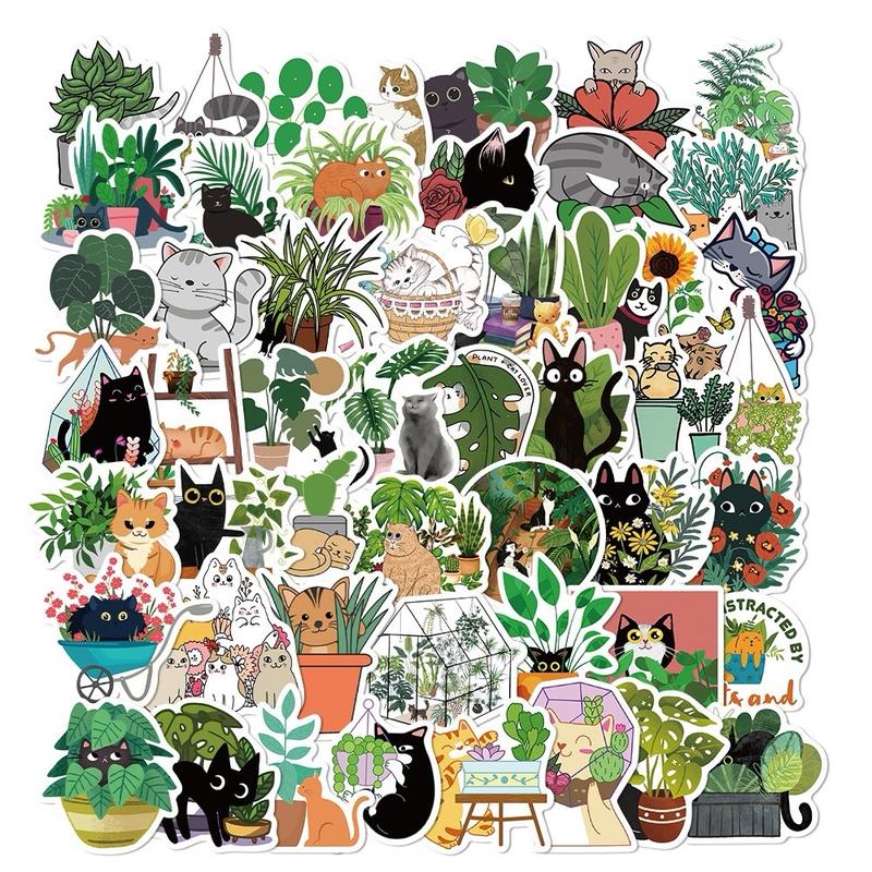 50 Pcs Cute Cartoon Cats & Plants Waterproof Stickers, DIY, for notebooks, bottles, phone, cases, laptops, Cats & Plants, Cats in the Garden