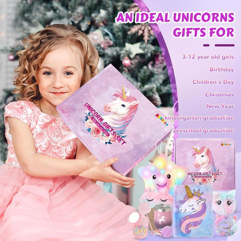 Unicorns Gifts For Girls 5 6 7 8 9 10+ Years Old, Kids Unicorn Toys With Light Up Plush Star Pillow  Diary  Headband  Eye Mask  Water Bottle, Soft Plush Toys Set For Teens Birthday Gifts Christmas