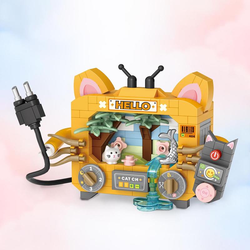 1 Set Cartoon Animal Cat & Television Design Building Block Toy, Creative Micro Building Block Toy For Birthday Gift Home Decoration