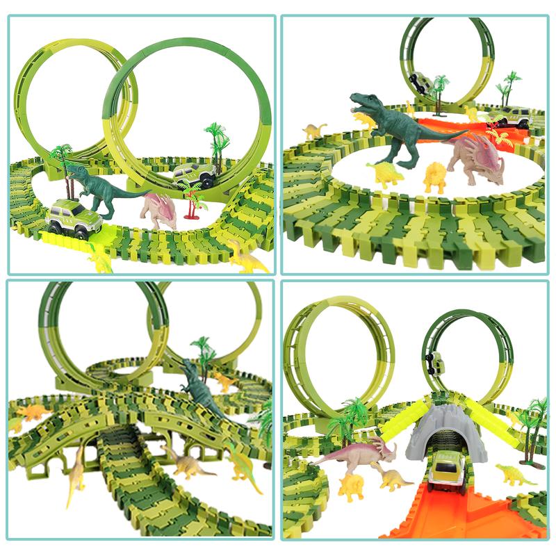 Dinosaur Toys 260 Pcs Create A Dinosaur Adventure World in Flexible Road Race Tracks have 360 Degree Loop with 2 Motorized Jeeps and Dino Accessories