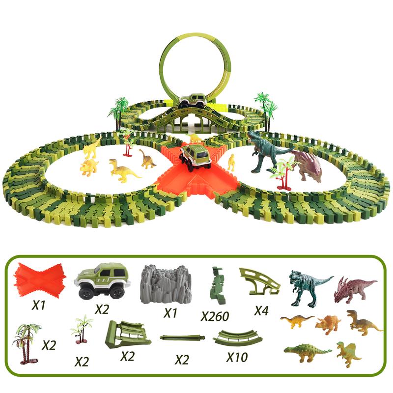 Dinosaur Toys 260 Pcs Create A Dinosaur Adventure World in Flexible Road Race Tracks have 360 Degree Loop with 2 Motorized Jeeps and Dino Accessories