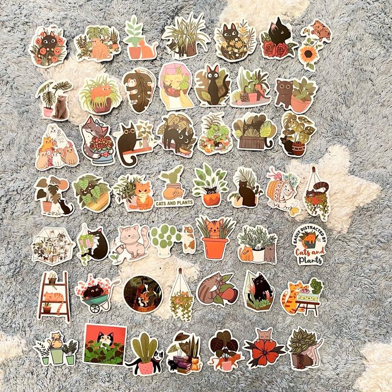 50 Pcs Cute Cartoon Cats & Plants Waterproof Stickers, DIY, for notebooks, bottles, phone, cases, laptops, Cats & Plants, Cats in the Garden