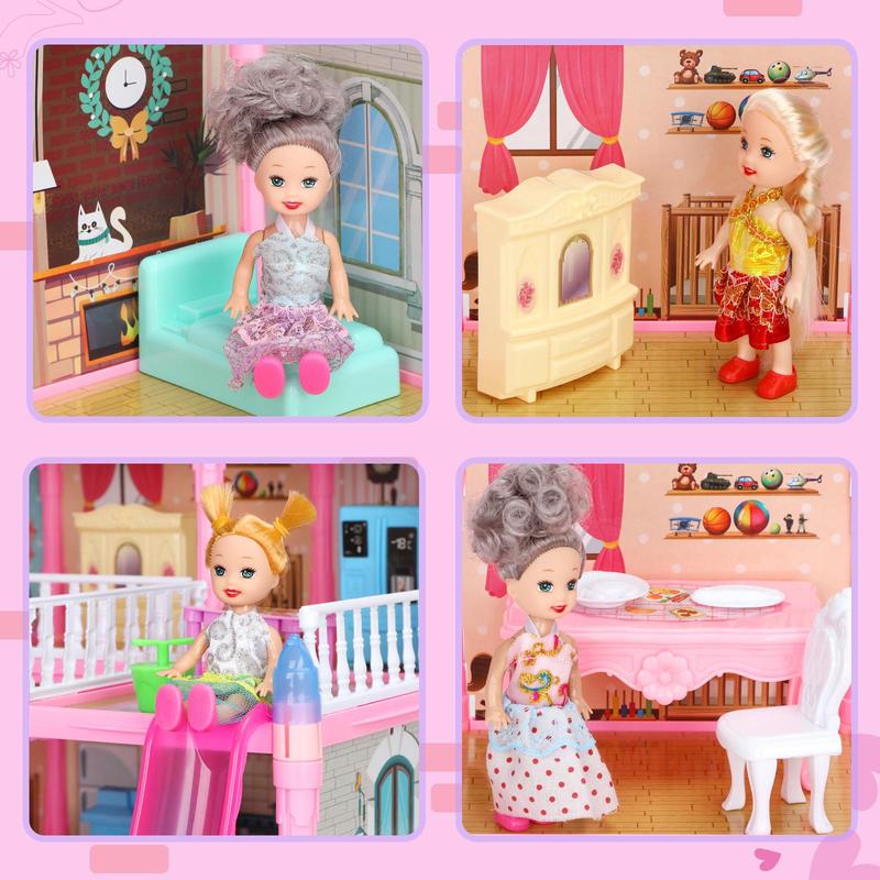 Five Floor Pink Dollhouse, 1 Set Doll House with LED Light String, DIY House Toy for Kids, Doll Accessories