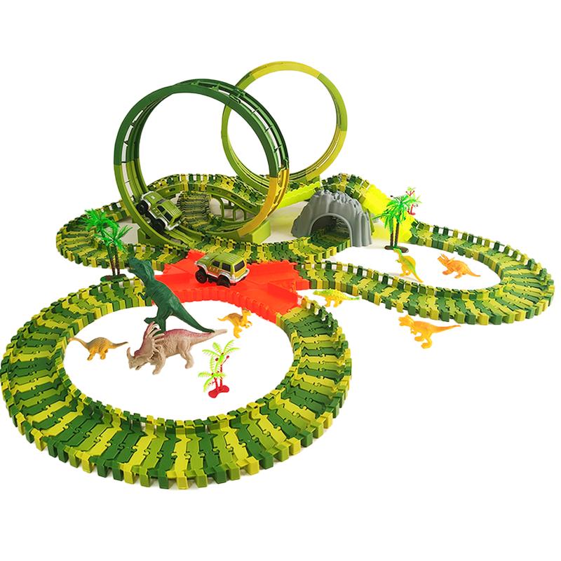 Dinosaur Toys 260 Pcs Create A Dinosaur Adventure World in Flexible Road Race Tracks have 360 Degree Loop with 2 Motorized Jeeps and Dino Accessories