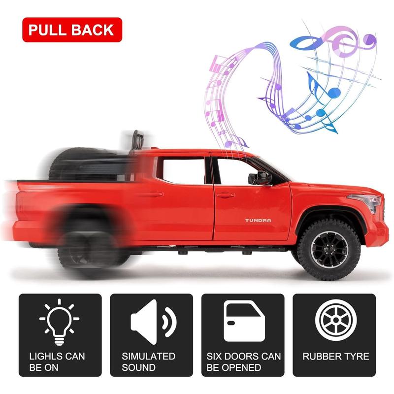 1:24 Tundra Off-Road Pickup Car Model, Pull Back Diecast Truck Toy with Sounds＆Lights for Kids Boys Girls and Adults, Gift Red