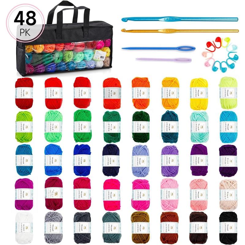 48 count Crochet Yarn Kit, 1400 Yards 40 Colors Acrylic Yarn Skeins, 2 Crochet Hooks, 2 Weaving Needles, 4 Stitch Markers, 1 Bag, for Crocheting & Knitting, Gift for Beginners and Adults