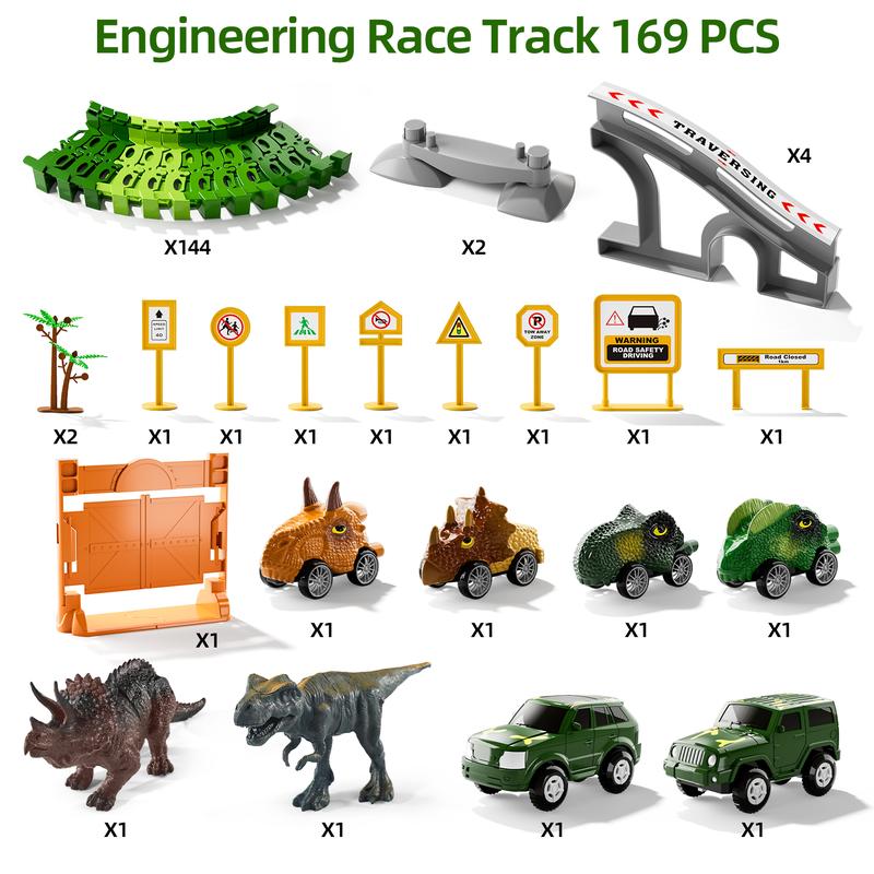 Dinosaur Forest Racing Free Splicing DIY Track 169 PCS Accessories Set, Track Racing Toy Birthday Christmas Halloween Gift,2 Dino Toys with 6 Dino Car