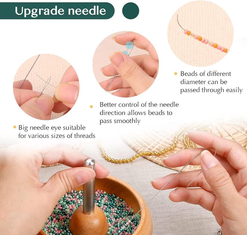 Bead Spinner for Jewelry Making, Effortless Rotating Wooden Clay Bead Spinner with 2 Big Eye Beading Needles and 3000 Seed Beads, Beading Supplies for Making Waist, Bracelets, Necklace