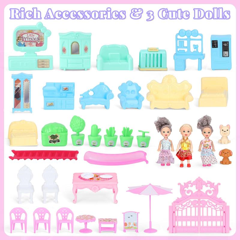 Five Floor Pink Dollhouse, 1 Set Doll House with LED Light String, DIY House Toy for Kids, Doll Accessories