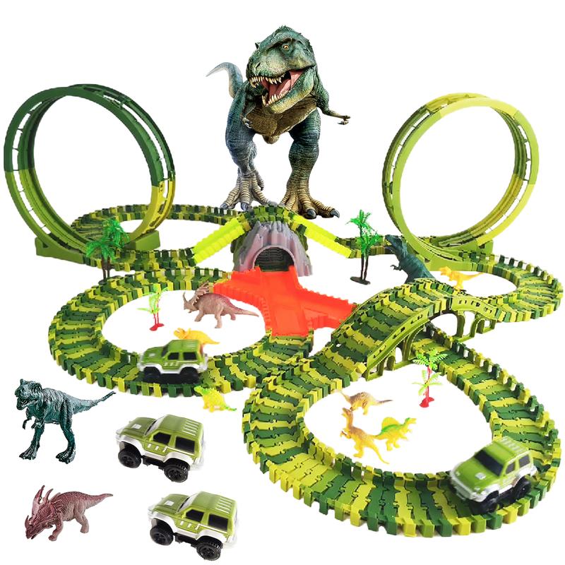 Dinosaur Toys 260 Pcs Create A Dinosaur Adventure World in Flexible Road Race Tracks have 360 Degree Loop with 2 Motorized Jeeps and Dino Accessories