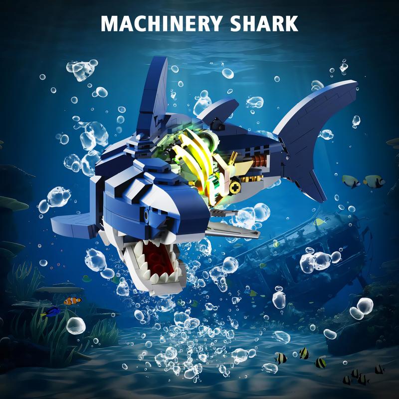 Nidonu-Mechanical 687pcs shark building,Shark Building Set with Display Stand and Light, Marine Animal, Gift for Adults Sea Fish Building Block Toy