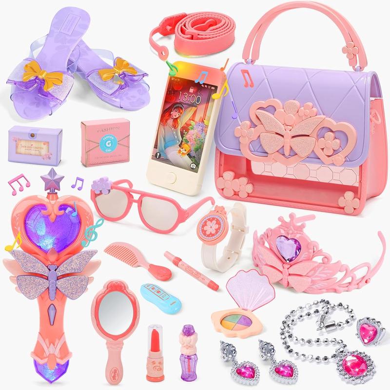 New Year Little Girls Play Purse, Toddler Purse Set, Handbag, Heels, Pretend Makeup, Toy Phone, Light-Up Magic Wand & Princess Jewelry