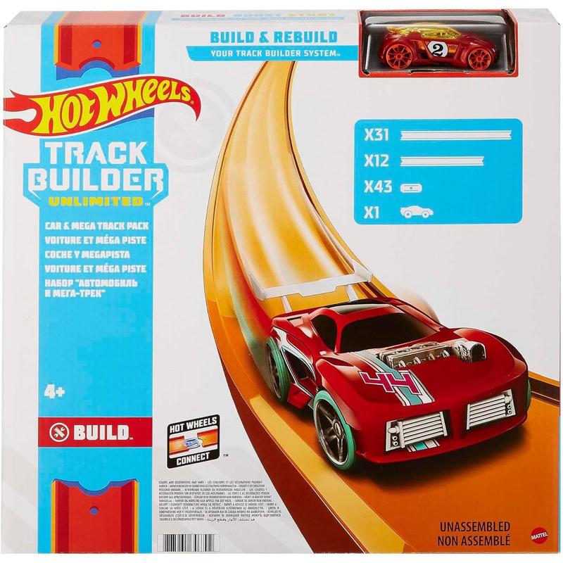 Hot Wheels Toy Car Track Set, Mega Track Pack, 87 Component Building Parts for 40-ft of Track & 1:64 Scale Vehicle ( Exclusive)