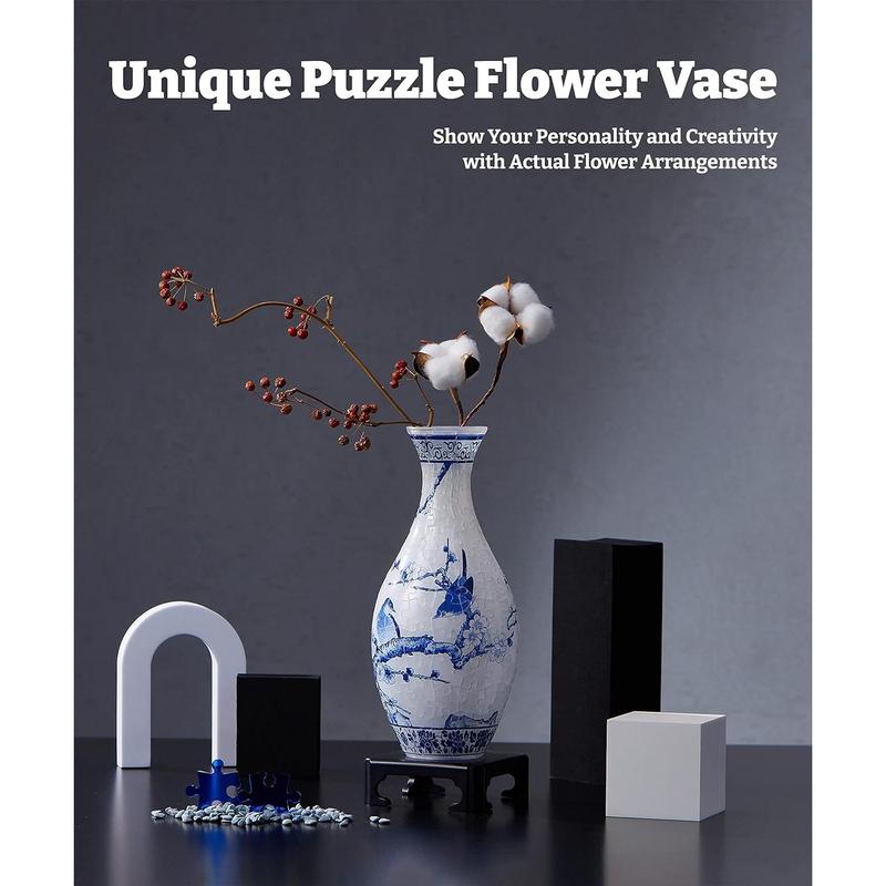 3D Puzzle Vase Unique Flower Vase Made by 160 Curved Plastic Puzzle Pieces House Warming Gift for Flower Arrangements and Home Decoration - [S1035] (Translucent, Flowers and Birds)