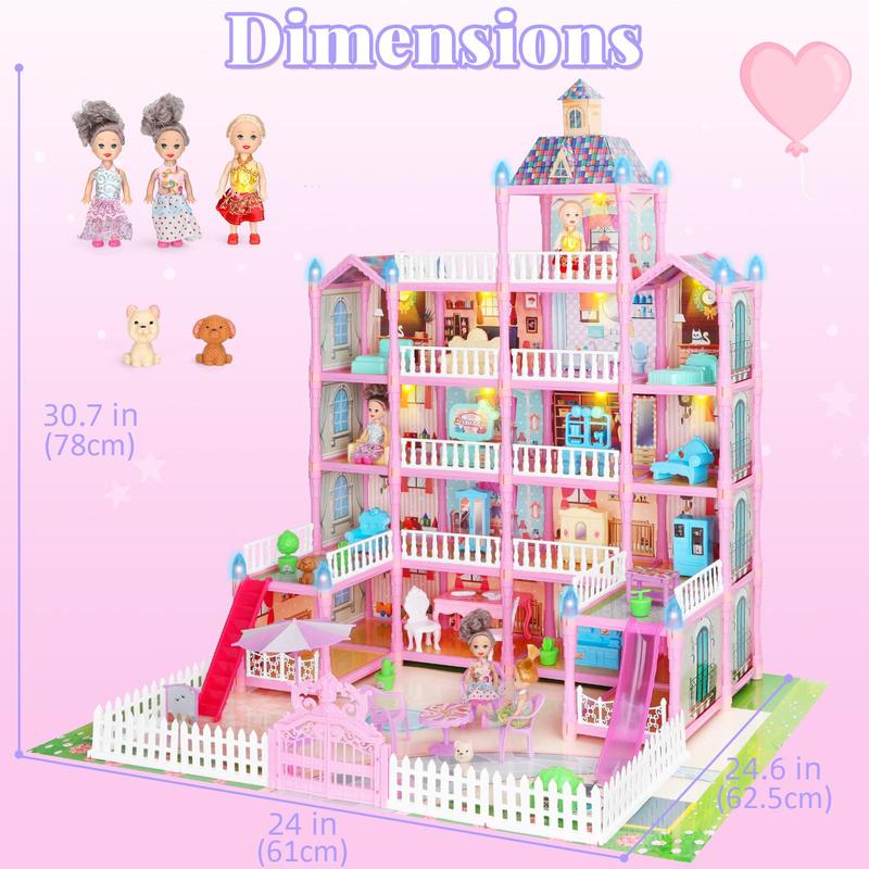 Five Floor Pink Dollhouse, 1 Set Doll House with LED Light String, DIY House Toy for Kids, Doll Accessories