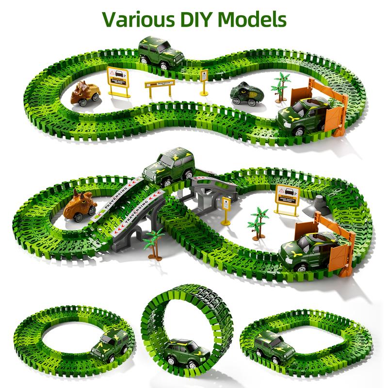 Dinosaur Forest Racing Free Splicing DIY Track 169 PCS Accessories Set, Track Racing Toy Birthday Christmas Halloween Gift,2 Dino Toys with 6 Dino Car