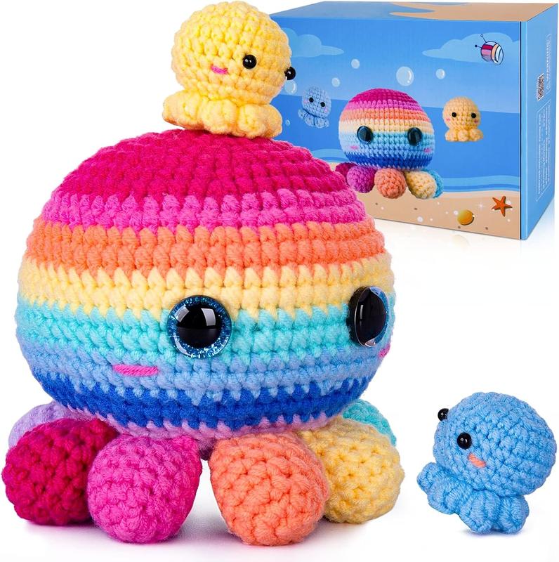 Crochet Kit for Beginners, Crochet Kit Step-by-Step Video Tutorials, Crochet Starter Kit Learn to Crochet Kits for Adults Kids Beginners, Jumbo 3 Colorful Octopus Familly (40%+ Yarn Content)