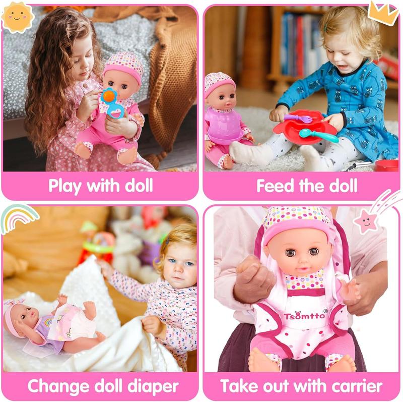 Tsomtto 12” Baby Doll Play Set Carrier Crossbody Baby Doll Diaper Bag Girl Pretend Play Toy Interactive Stuff Baby Doll Accessories for Toddlers 3-5 Realistic Babydoll Toy 2 3 4 5 Year Old Girl Gifts