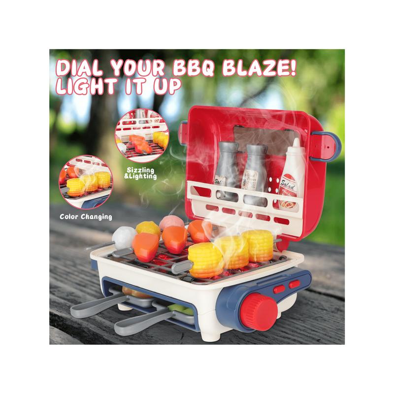 Kids BBQ Grill Toy, Barbecue Kitchen Cooking Playset With Realistic Spray, Light & Sound, Color Changing Play Food & Dishes Toy, Pretend BBQ Accessories Set For Girls Boys,Christmas Toys Gifts