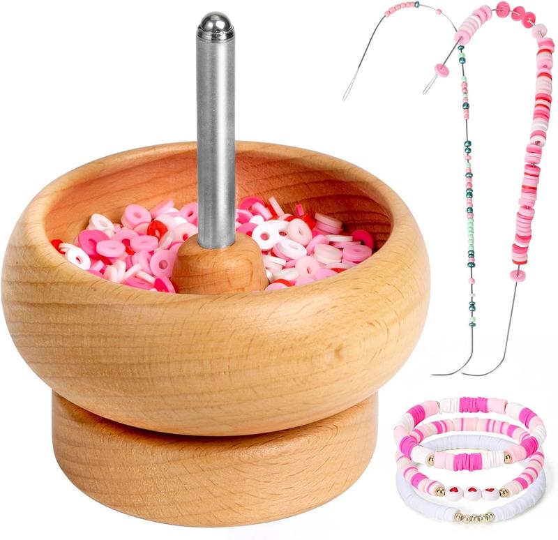 Bead Spinner for Jewelry Making, Effortless Rotating Wooden Clay Bead Spinner with 2 Big Eye Beading Needles and 3000 Seed Beads, Beading Supplies for Making Waist, Bracelets, Necklace