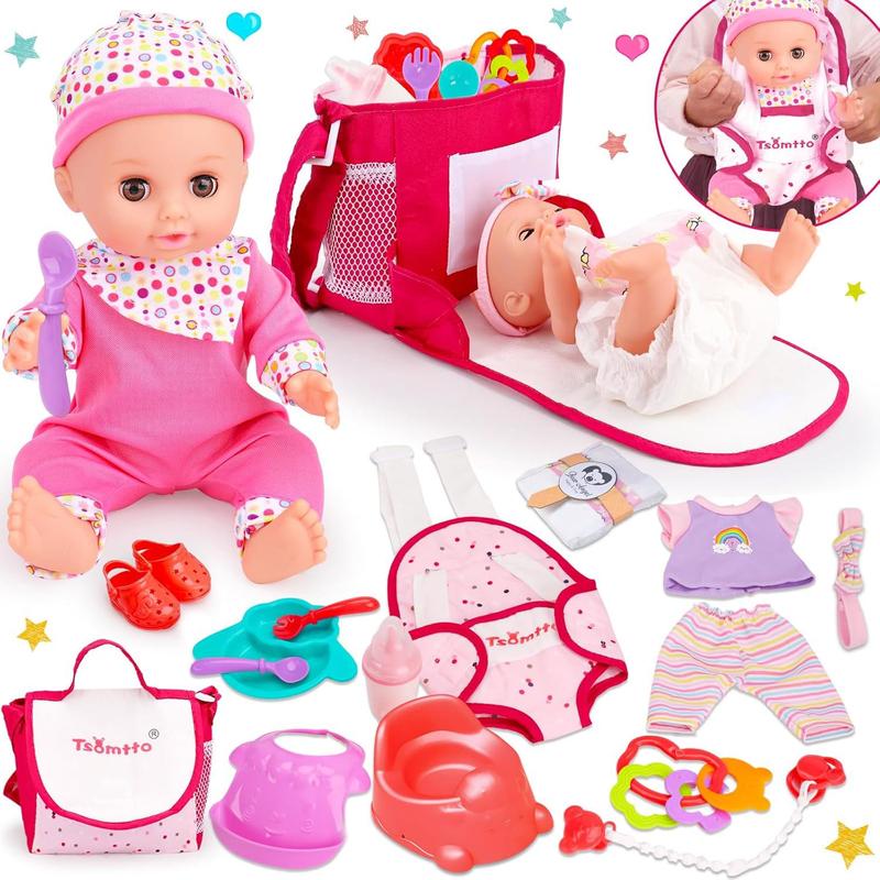 Tsomtto 12” Baby Doll Play Set Carrier Crossbody Baby Doll Diaper Bag Girl Pretend Play Toy Interactive Stuff Baby Doll Accessories for Toddlers 3-5 Realistic Babydoll Toy 2 3 4 5 Year Old Girl Gifts