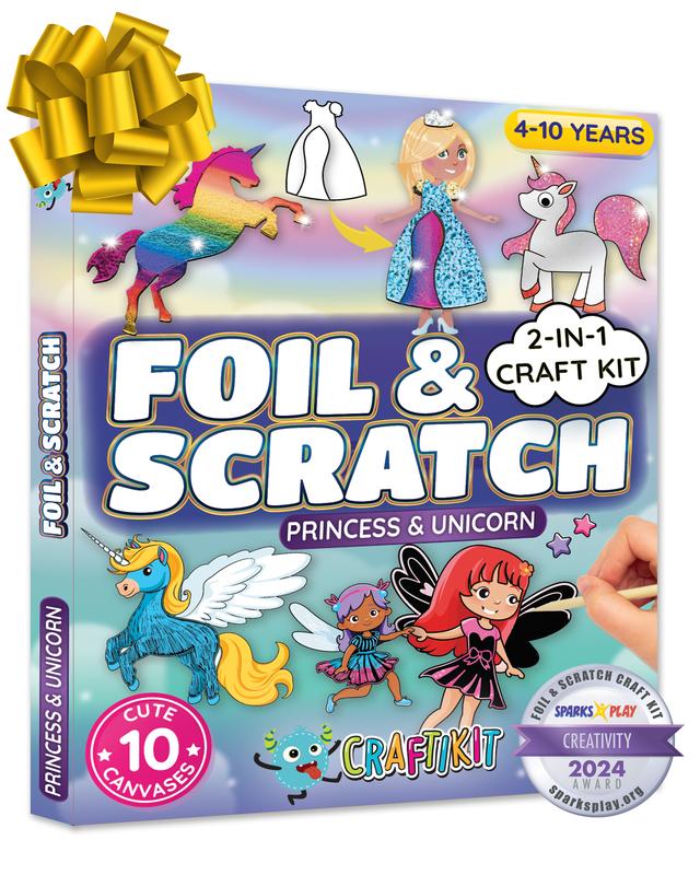 Craftikit Unicorn & Princess Foil Art & Rainbow Scratch Art for Kids - 2-in-1 Arts and Crafts Kit for Kids Ages 4-10