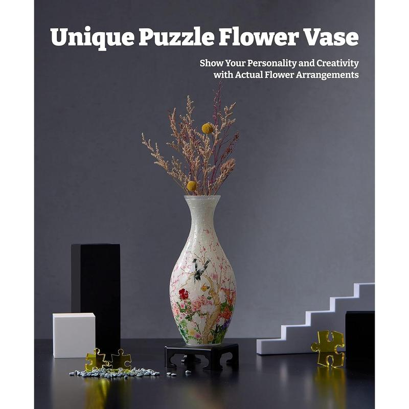 3D Puzzle Vase Unique Flower Vase Made by 160 Curved Plastic Puzzle Pieces House Warming Gift for Flower Arrangements and Home Decoration - [S1035] (Translucent, Flowers and Birds)