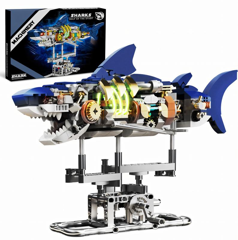 Nidonu-Mechanical 687pcs shark building,Shark Building Set with Display Stand and Light, Marine Animal, Gift for Adults Sea Fish Building Block Toy