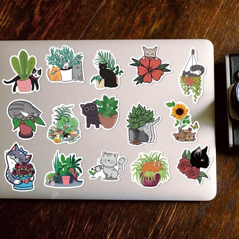 50 Pcs Cute Cartoon Cats & Plants Waterproof Stickers, DIY, for notebooks, bottles, phone, cases, laptops, Cats & Plants, Cats in the Garden